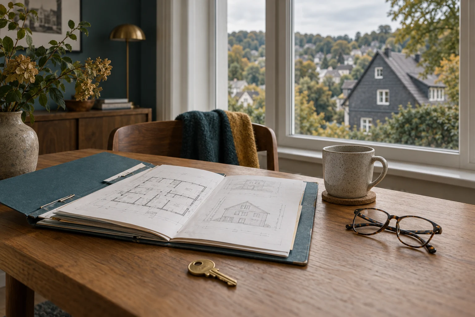 Baupläne, ein Hausschlüssel und eine Lesebrille auf einem Holztisch vor einem Fenster mit Blick auf ein Schieferhaus.